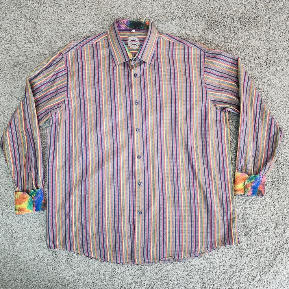 Visconti Uomo Shirt Mens XL Multicolor Striped Houndstooth‎ Button Up Tye Dye